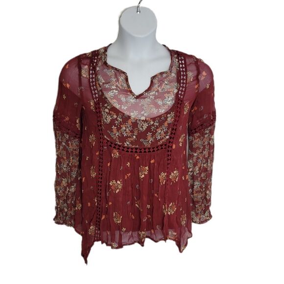 SUNDANCE blouse woodrose floral sheer long sleeve peasant top with cami XS - Picture 2 of 11